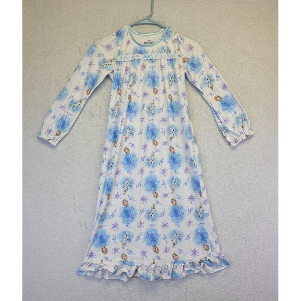Disney Frozen II Elsa Nightgown Girl 8 White Blue Princess Fairy Flame Resistant